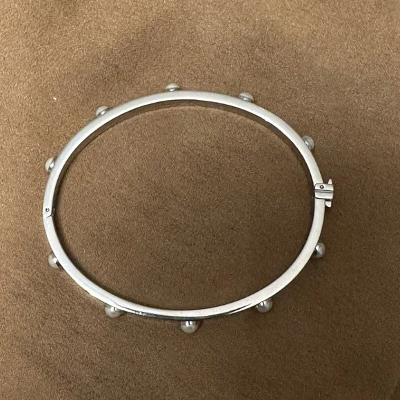 Tory Burch Silver Hinged Bangle Bracelet with Pearl Accents - Picture 3 of 9